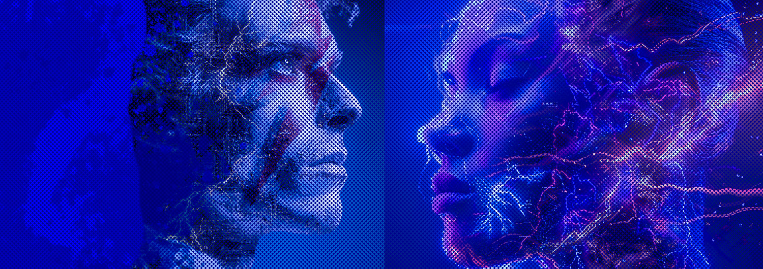 Bowie_Effekt Abstrakte Lichtmuster in Blau- und Violetttönen mit geometrischen Strukturen und feinen Linienverläufen.