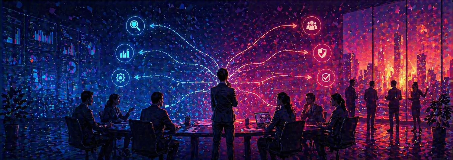 KI im Mittelstand Team diskutiert KI-Lösungen mit Datenanalyse, Kollaboration und Sicherheit als zentrale Elemente.