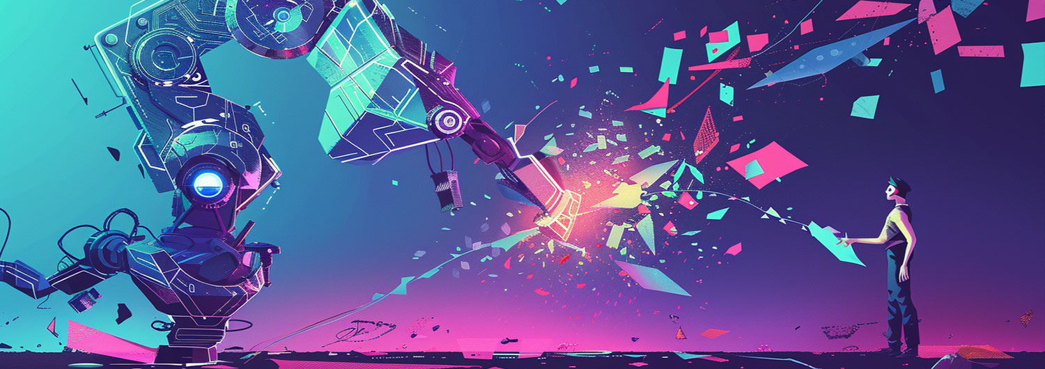 Vertrauen_Fool Mensch steuert futuristischen Roboterarm bei Explosion bunter Datenfragmente