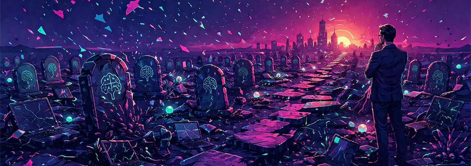 Pilotfriedhof Mensch betrachtet futuristische Grabsteine mit Gehirn-Symbolen in einer digitalen Ruinenlandschaft bei Sonnenuntergang.